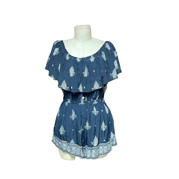 Faithfull The Brand Lane Off The Shoulder Romper Navy Blue Paisley Size US 6 - Picture 2 of 10
